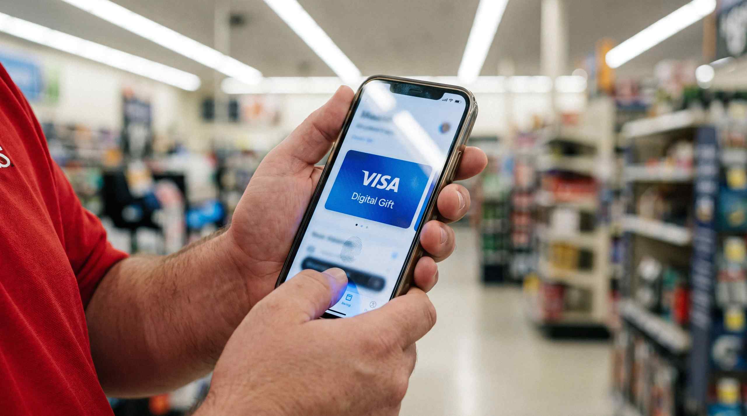 A Visa Digital Gift Card displayed on a mobile phone at a grocery store.
